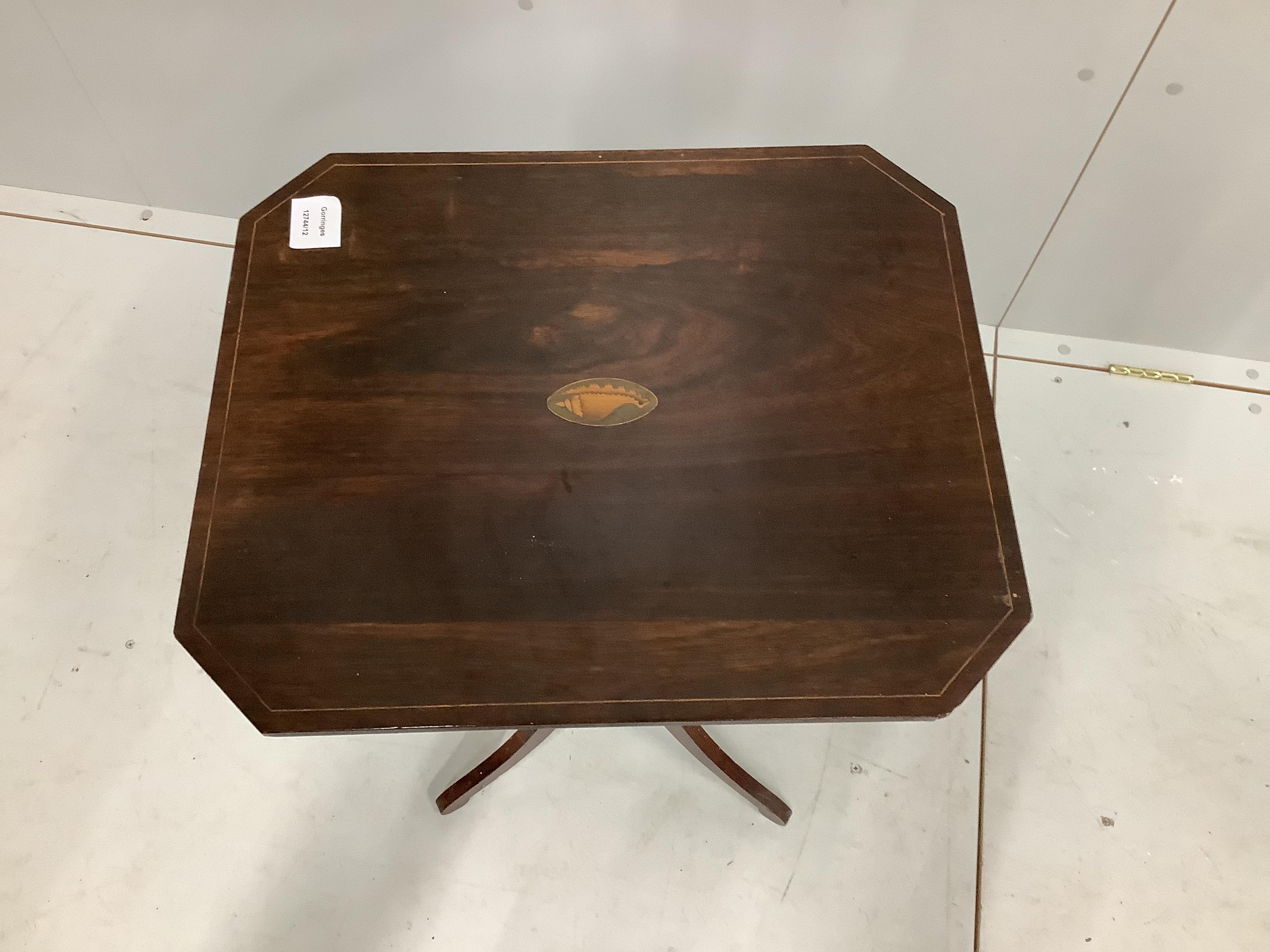 A Regency style inlaid rosewood and beech tripod side table, width 46cm, depth 39cm, height 75cm